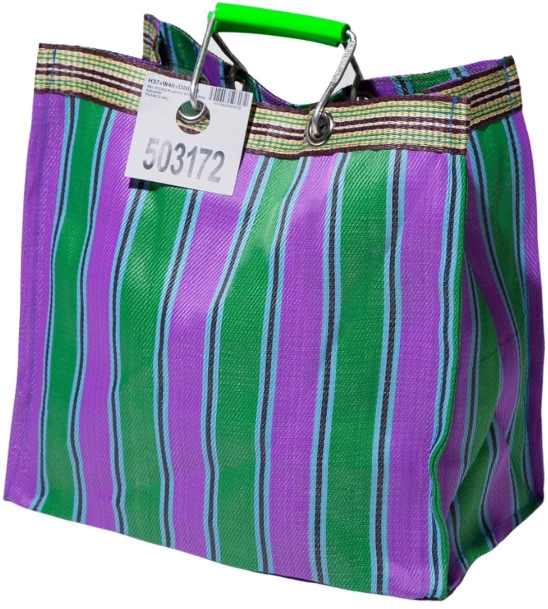 PUEBCO - retro tas - groen x paars - vierkant - strepen - 100% recycled plastic - boodschappentas - strandtas