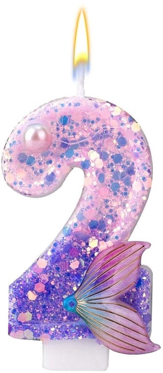 Cijferkaarsen Zeemeermin - Verjaardagskaarsen - Taartdecoraties - Roze/Paarse Glitter - 1 Stuk - Handgemaakt Design - Verjaardagskaars