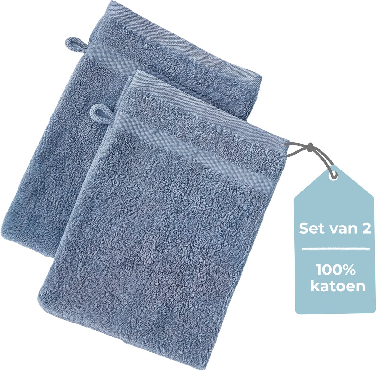 HUSH Living - Washand 100% Katoen - Set van 2 - Zware Kwaliteit 500g/m2 - Stijlvol Boord en Ophanglus- 16x22cm - Blauw/Grijs