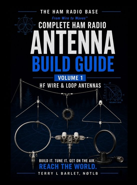 Boekomslag: "Complete Ham Radio Antenna Build Guide Volume 1 HF Wire & Loop Antennas" met illustraties van antennes en technische diagrammen.