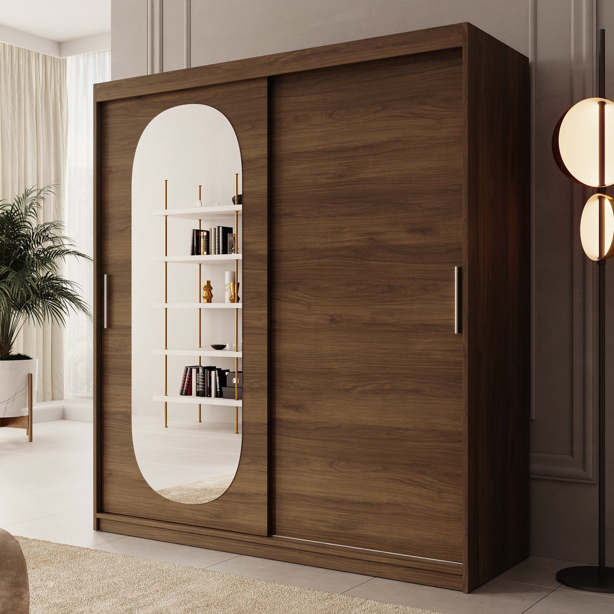 Meubella - Kledingkast Bodhi - Walnootpatroon - 180 cm - Met spiegel