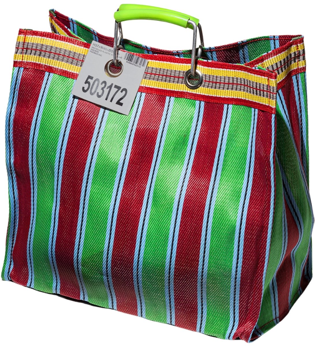 PUEBCO - retro tas - groen x rood - vierkant - strepen - 100% recycled plastic - boodschappentas - strandtas
