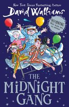 Boekomslag van 'The Midnight Gang' door David Walliams. Vijf kinderen in pyjama op een vliegend ziekenhuisbed, met ballonnen en sterren.