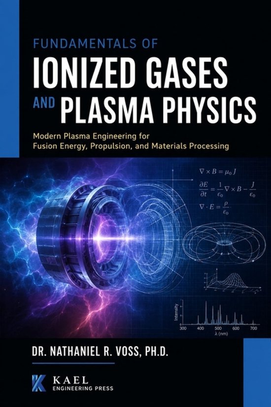 Boekomslag: Fundamentals of Ionized Gases and Plasma Physics met blauwe en paarse plasma-afbeeldingen en formules.