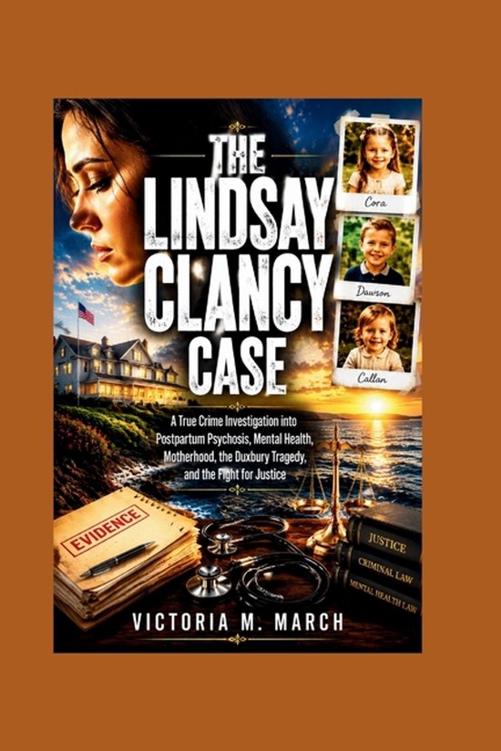 Boekcover "The Lindsay Clancy Case" met een vrouw, huis, kinderen Cora, Dawson, Callan, doktersspullen en boeken.