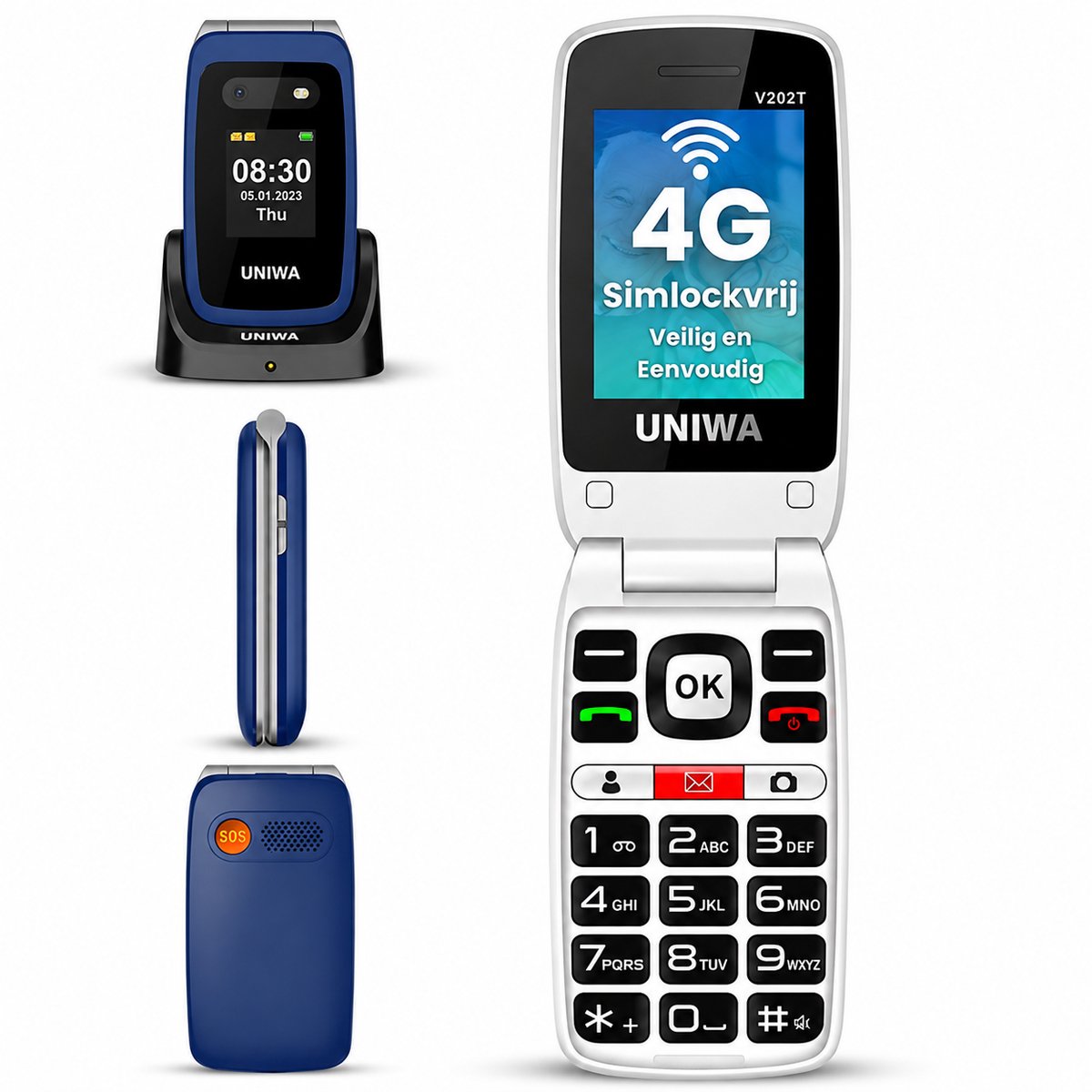 Uniwa V202T Senioren Telefoon 4G - Klaptelefoon - Grote Toetsen - SOS Noodknop - GSM Dumbphone - Blauw