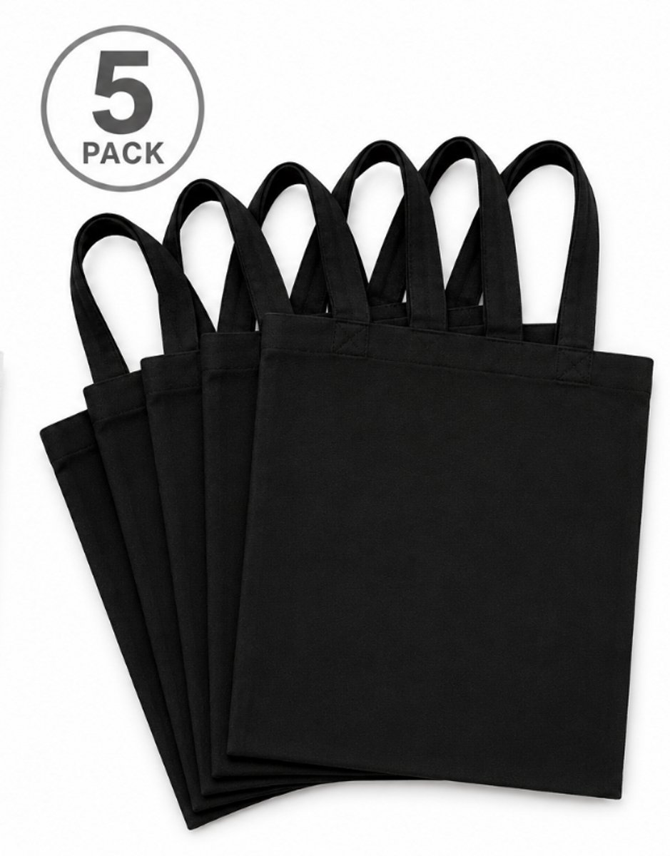 Zwarte Katoenen Tote Bag 140 gsm - Extra Stevig - 37x41cm - 5 Stuks - Canvas Tas - Shopper - Boodschappentas - Draagtas - Zelf Bedrukken
