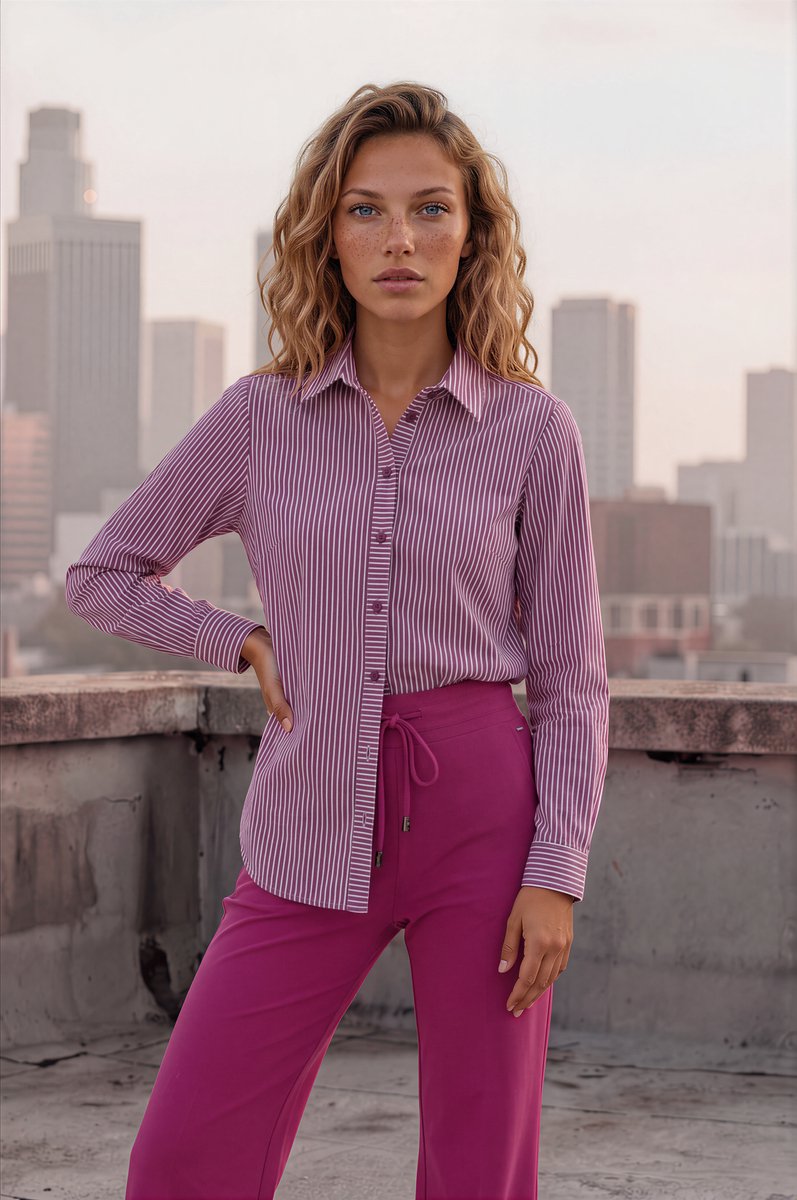 MI PIACE - Travel Blouse Bow Stripe Print Magenta 202709 Purple - Maat : M