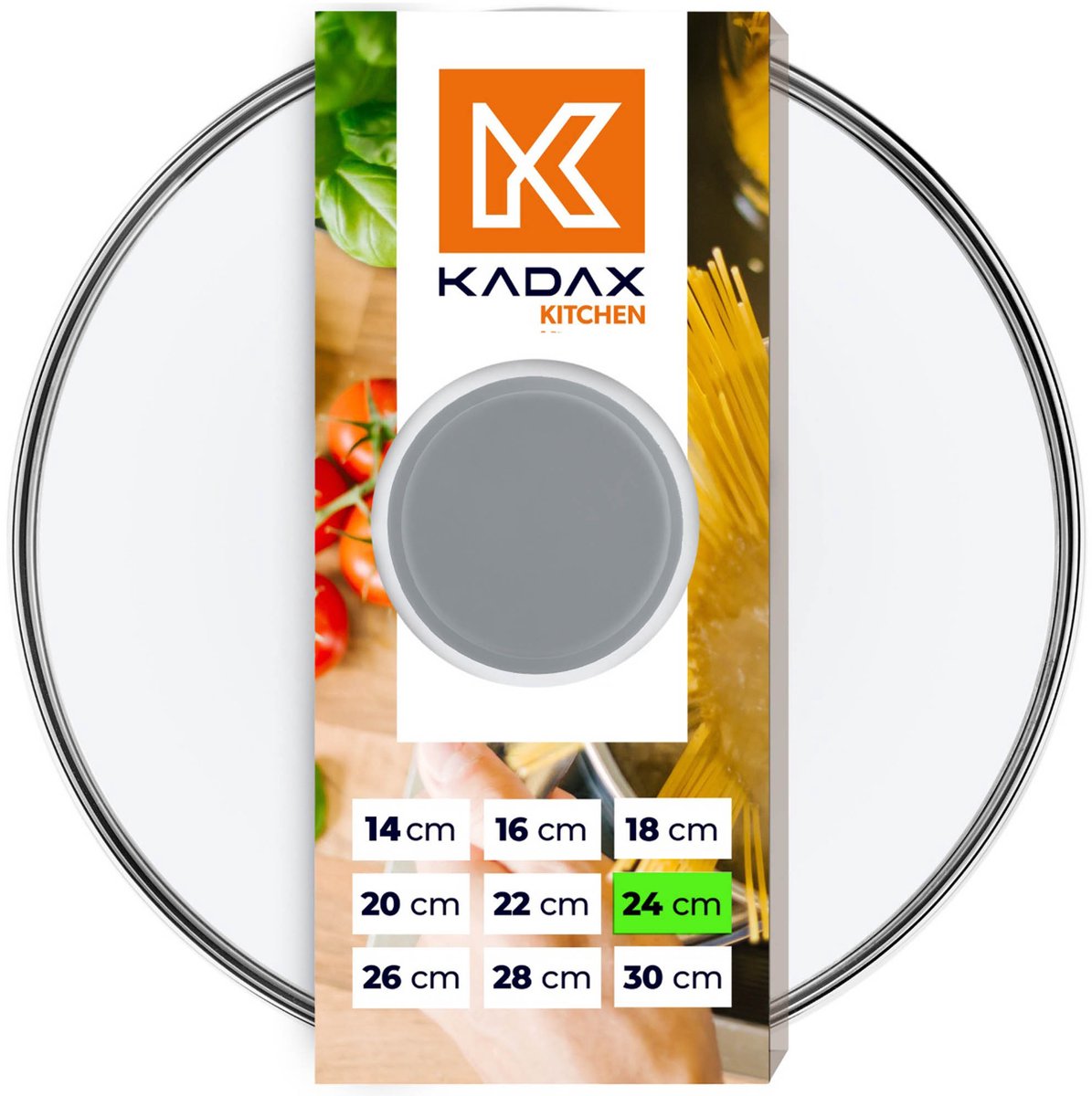 KADAX glazen deksel met siliconen handgreep, hittebestendig deksel voor potten, deksel met stoomgat, universeel deksel in verschillende maten, rond (24 cm, grijs)