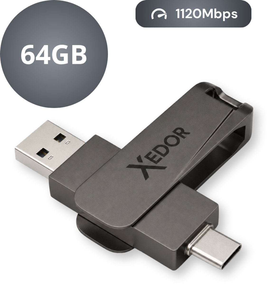 Xedor® Base - USB Stick - 64 GB - 1120Mbps - USB C en A - iPhone en Android - Donkergrijs