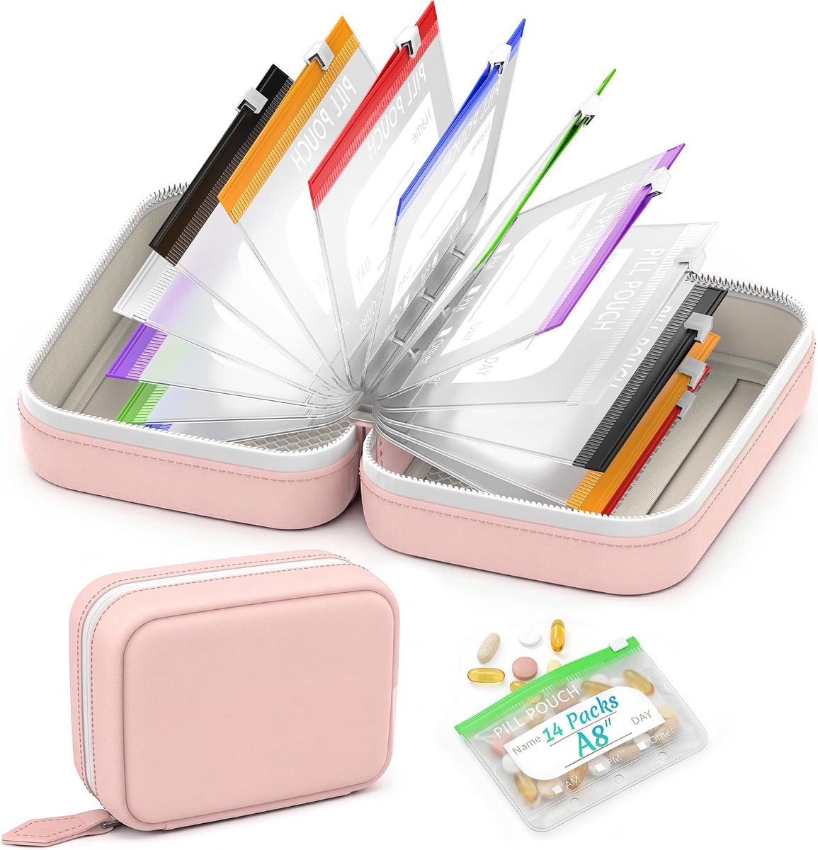 Pillendoos - Pillendoosje - 14 medicijnbuidels - Pillenetui - Pil Bewaardoosje - waterdicht - Pillen Planner - 7-14 dagen - Draagbaar - medicijntas - voor Medicijnen & Supplementen - Thuis & Onderweg - roze