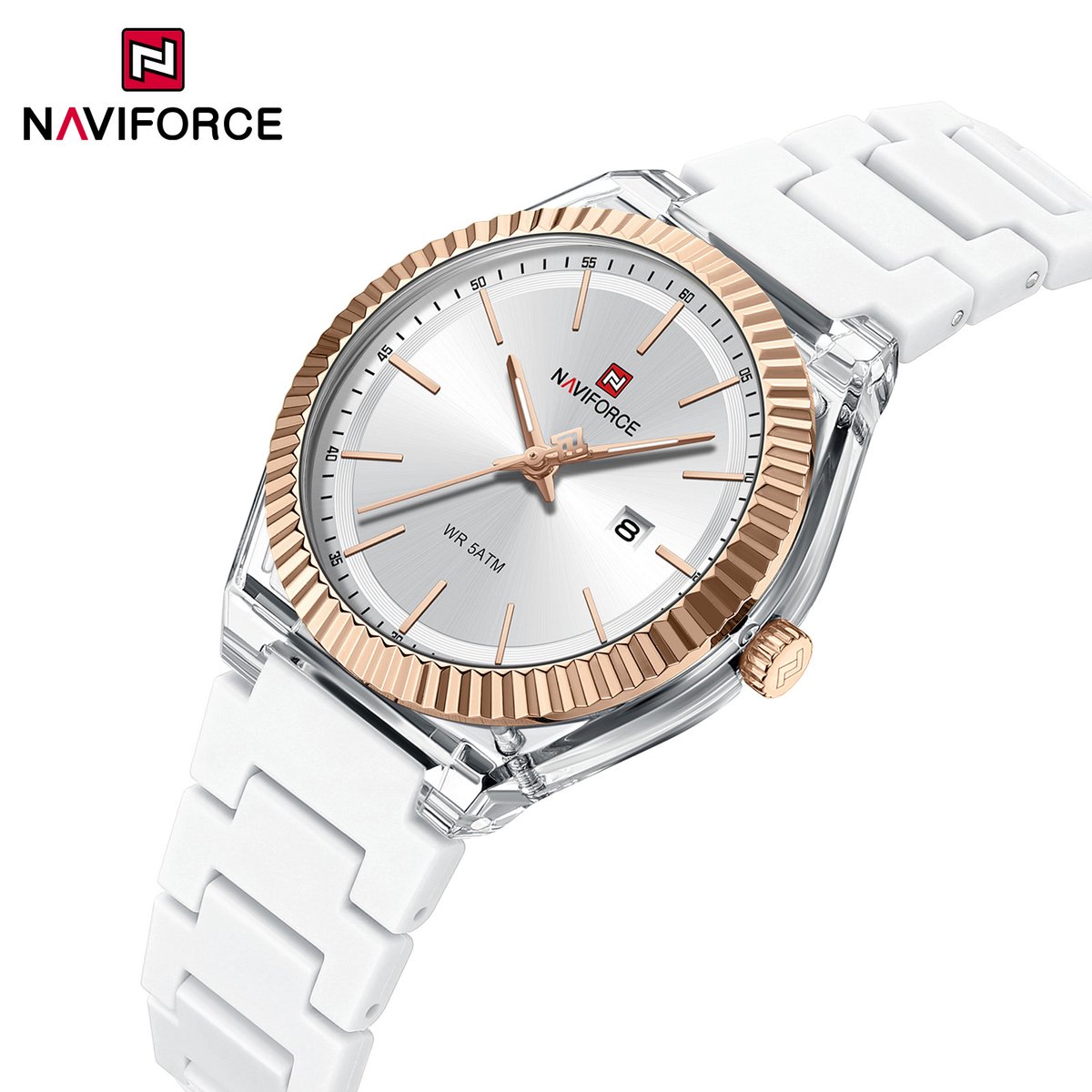 NAVIFORCE horloge met witte siliconen polsband, zilveren wijzerplaat en gouden horlogekast voor dames met stijl ( model 6117 RGW )