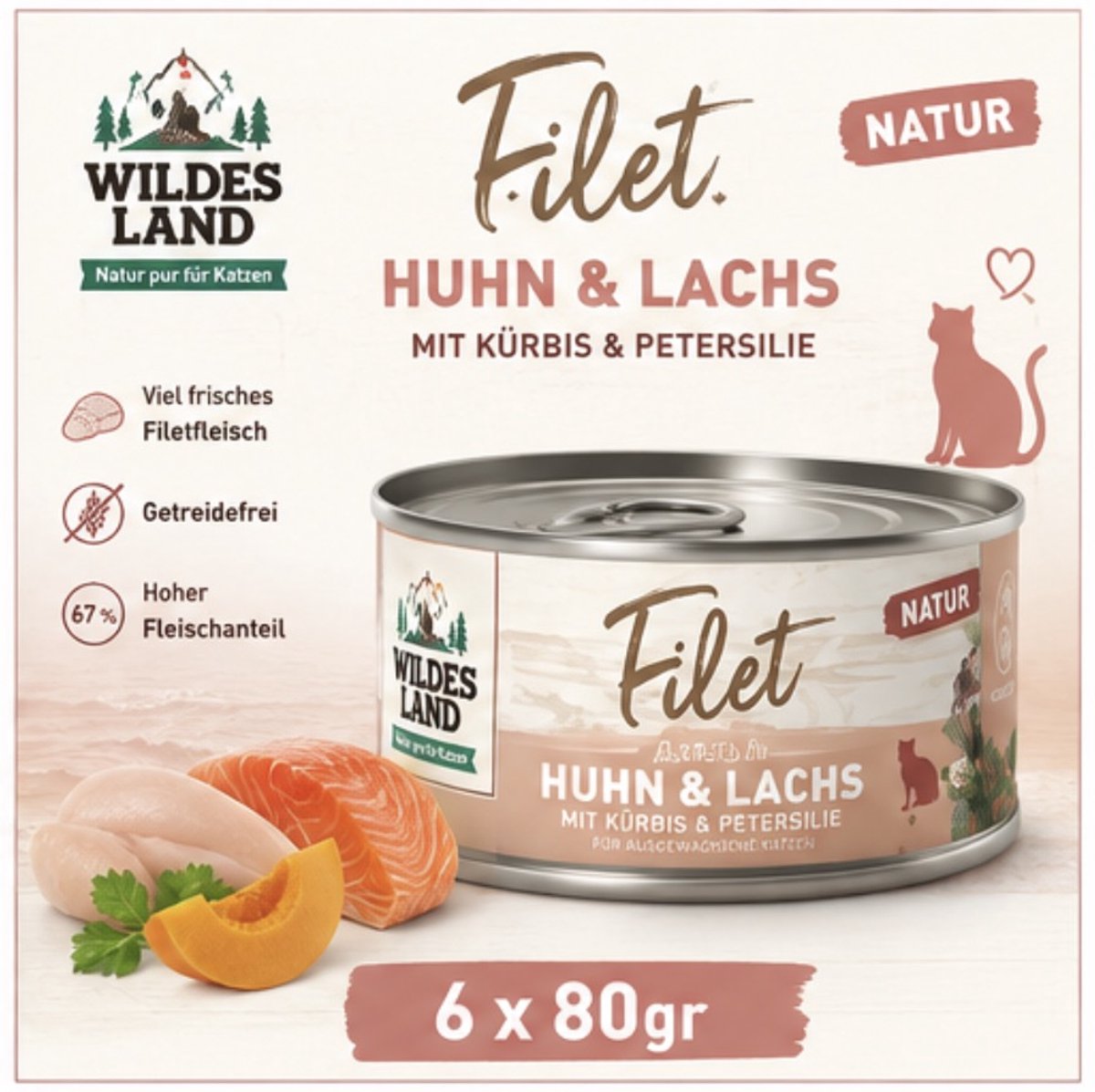 Wildes Land Wildes Land Filet Kip & Zalm met Pompoen & Peterselie - Katten natvoer - 6x80gr