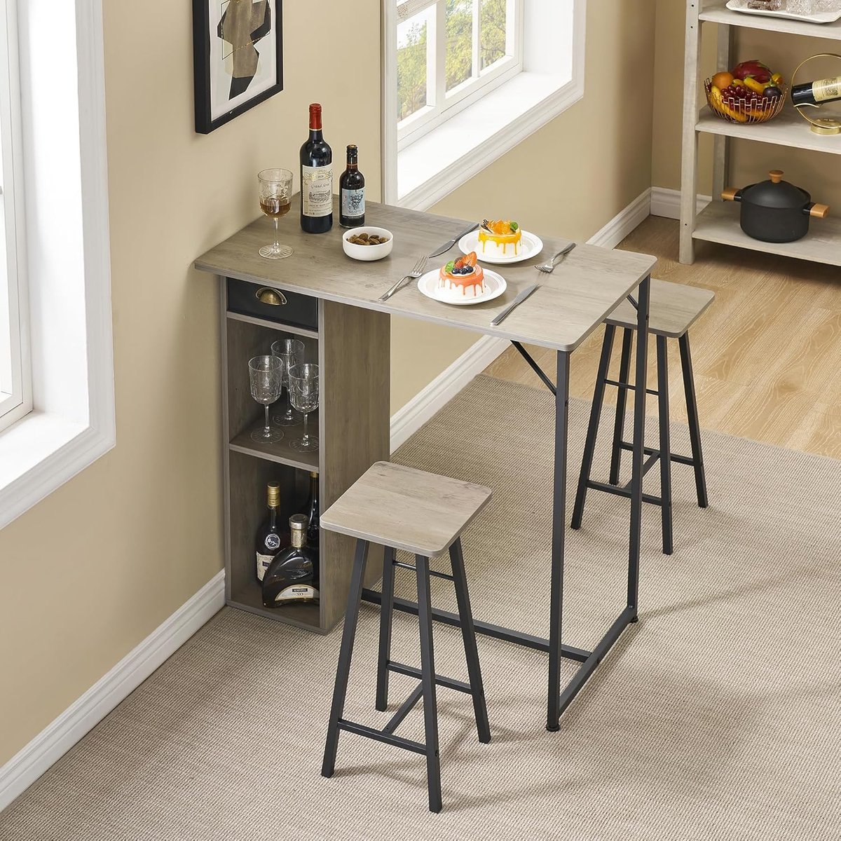 Ruimtebesparende 3‑delige bartafelset voor 2 personen – 91,4 cm bartafel met opbergplanken – inclusief 2 krukken – modern industrieel