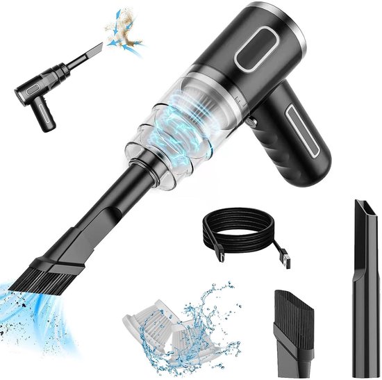 Zwarte draadloze handstofzuiger met accessoires, HEPA-filters en een oplaadkabel, die vuil opzuigt.
