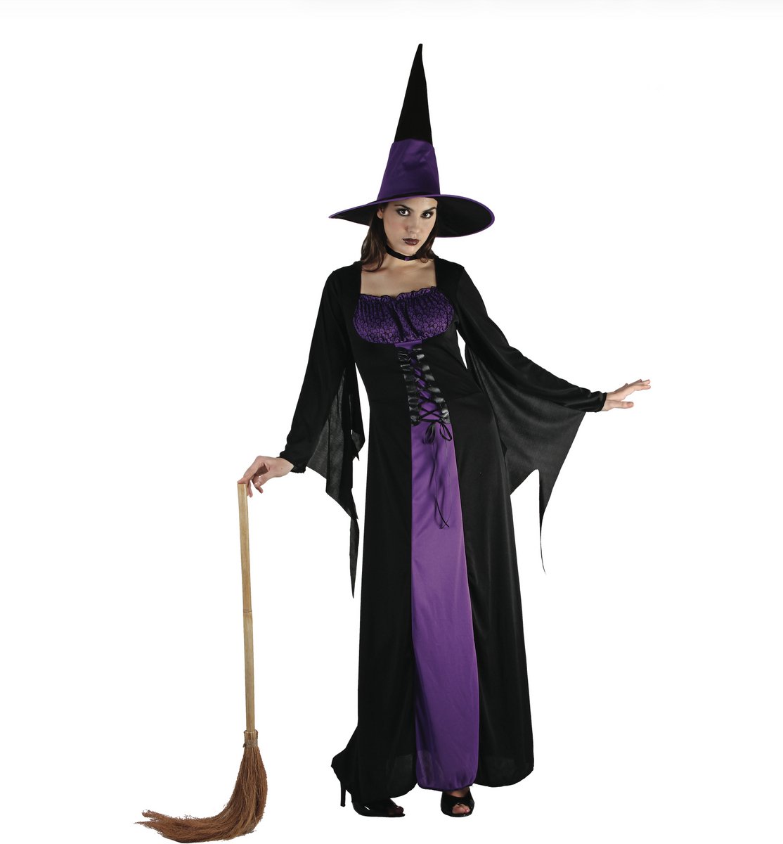 Joya Party® Heks Kostuum Dames | Heksenjurk Vrouw Zwart Paars | Verkleedpak Heks met Heksenhoed & Choker Vrouw | Halloween Kostuum Vrouwen | Carnaval | Maat S/M