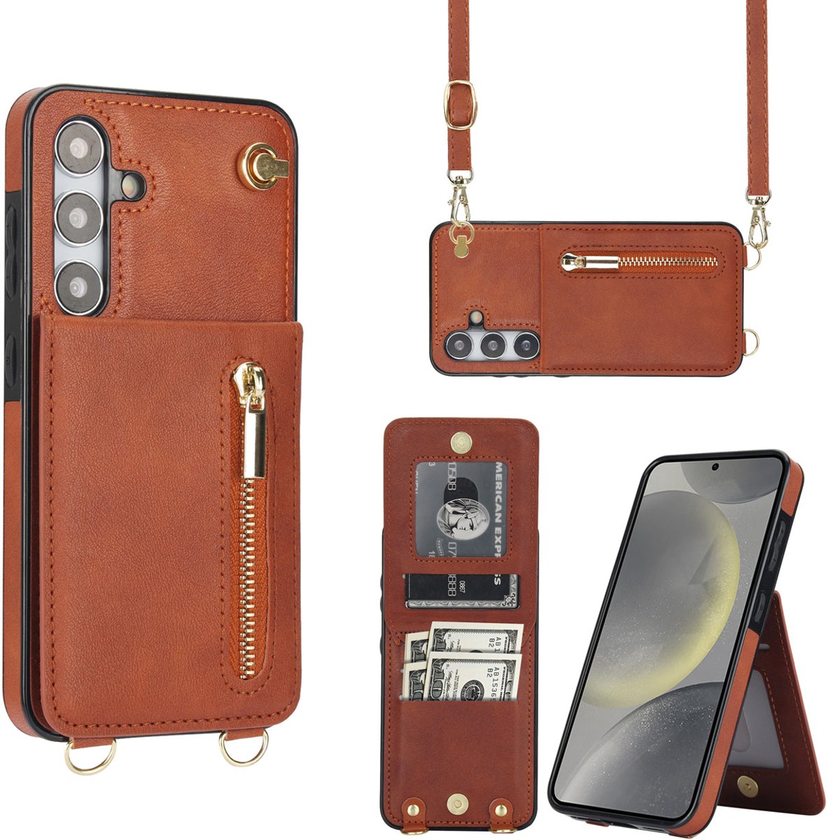 Multimedia & Accessoires Portemonnee Hoesje met Koord geschikt voor Samsung Galaxy S26 - Bruin - Pasjeshouder – Ritsvak - Luxe Kunstleren - Backcover – Standaard