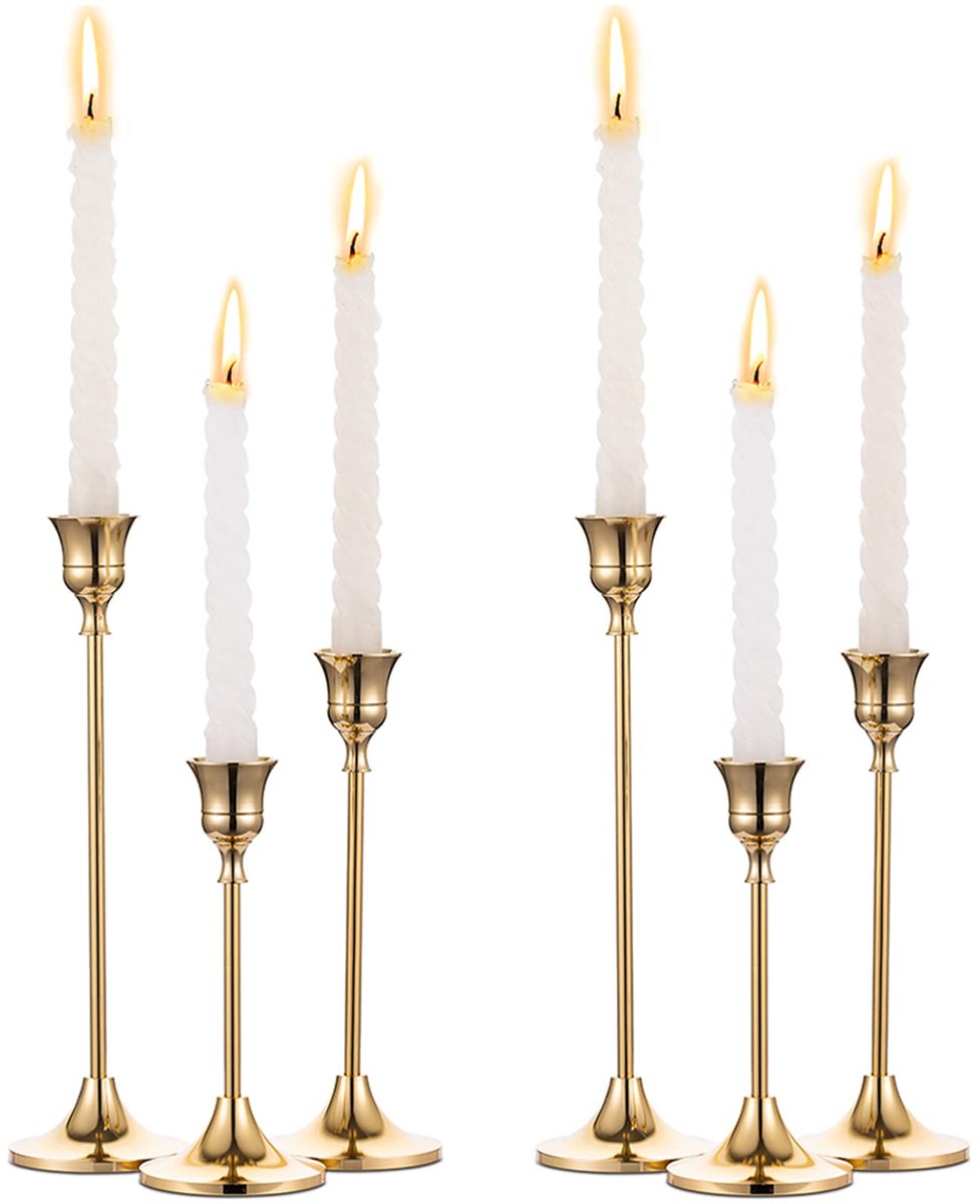 Casalora Kandelaar - 6 stuks - Koperen Retro Kaarsenhouder - Verschillende hoogtes - Kaarsenstandaard - Gift - Woonaccesoires - Decoratieve accessoires - Voor Bruiloft, Huiswarming, Tafel en Woonkamer - Goud