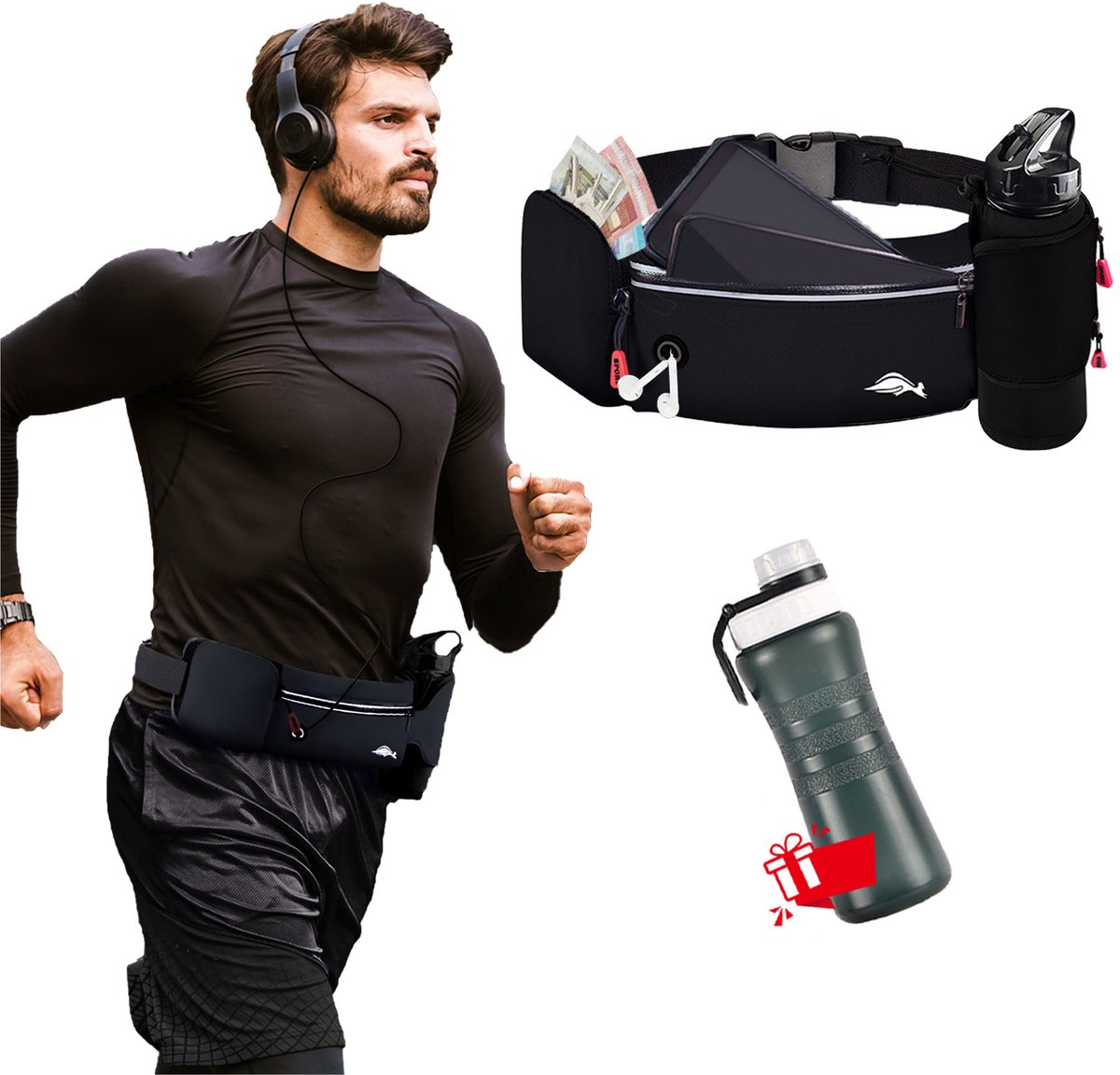 Heuptas met Drinkfles - Waterdichte Sport Heuptas - Verstelbare Heuptas voor Dames en Heren - Hardloop Heuptas met Reflecterende Strepen - Heuptas voor Joggen, Fitness, Reizen, Kamperen en Outdooractiviteiten - Sport Heuptas - Ideaal Cadeau