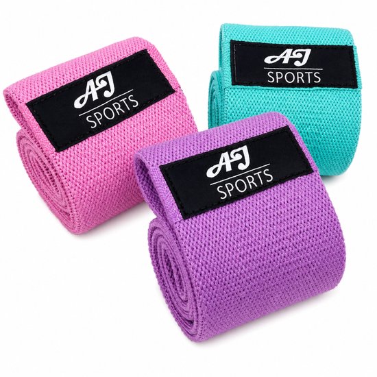 Opgerolde paarse, roze en cyaan weerstandsbanden van AJ-Sports.