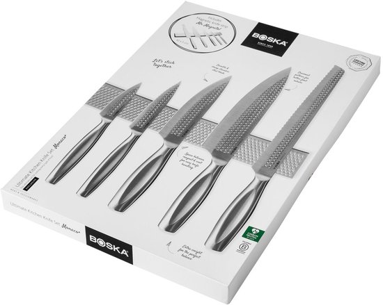 Boska messen set in doos, met 5 messen met zilverkleurige handvatten en diamantpatroon.