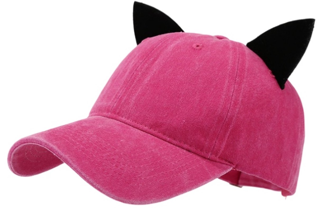 Unisex Baseballpet / Trucker Cap met kattenoren – Vintage stijl pet met paardenstaartopening – Roze