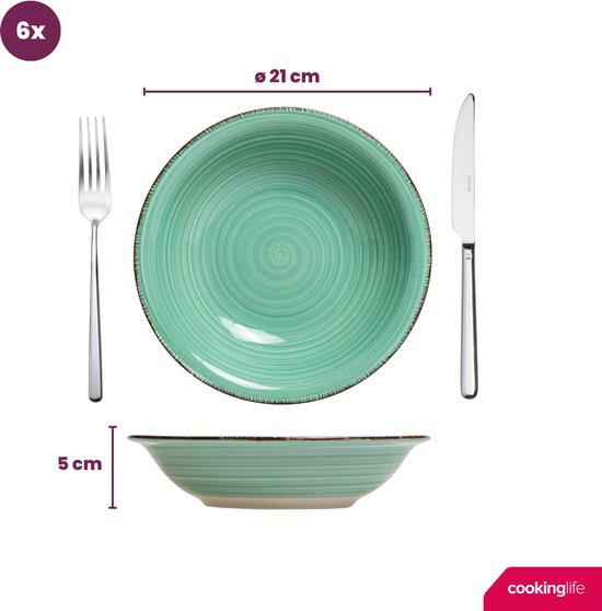 Cookinglife Serviesset Delice Groen 18-delig - 6 Personen - Bevat 6 Dinerborden, 6 Diepe Borden en 6 Ontbijtborden - Aardewerk met Diepgroene Reactive Glaze - Vaatwasser- en Magnetronbestendig - Luxe Serviesset met Stijlvolle Uitstraling — afbeelding 3