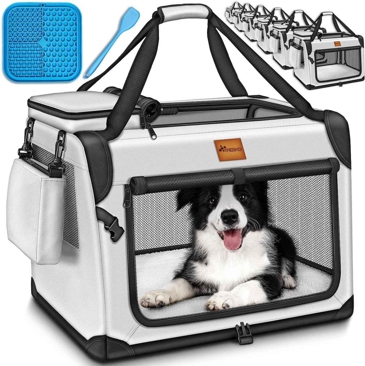 Famanu – Opvouwbare hondenbox met likmat en spatel, M, 61 x 42 x 42 cm, transportbox voor honden en katten, robuuste hondentas, grijs