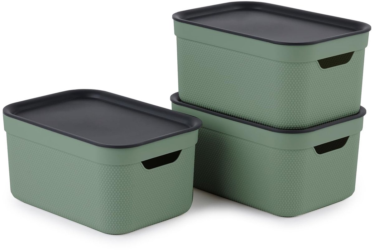 Famanu – Dekobox set van 3 opbergdozen van 5 liter met deksel, gerecycled kunststof, groen/antraciet, 3x5l (26,5 x 18,5 x 13,2 cm