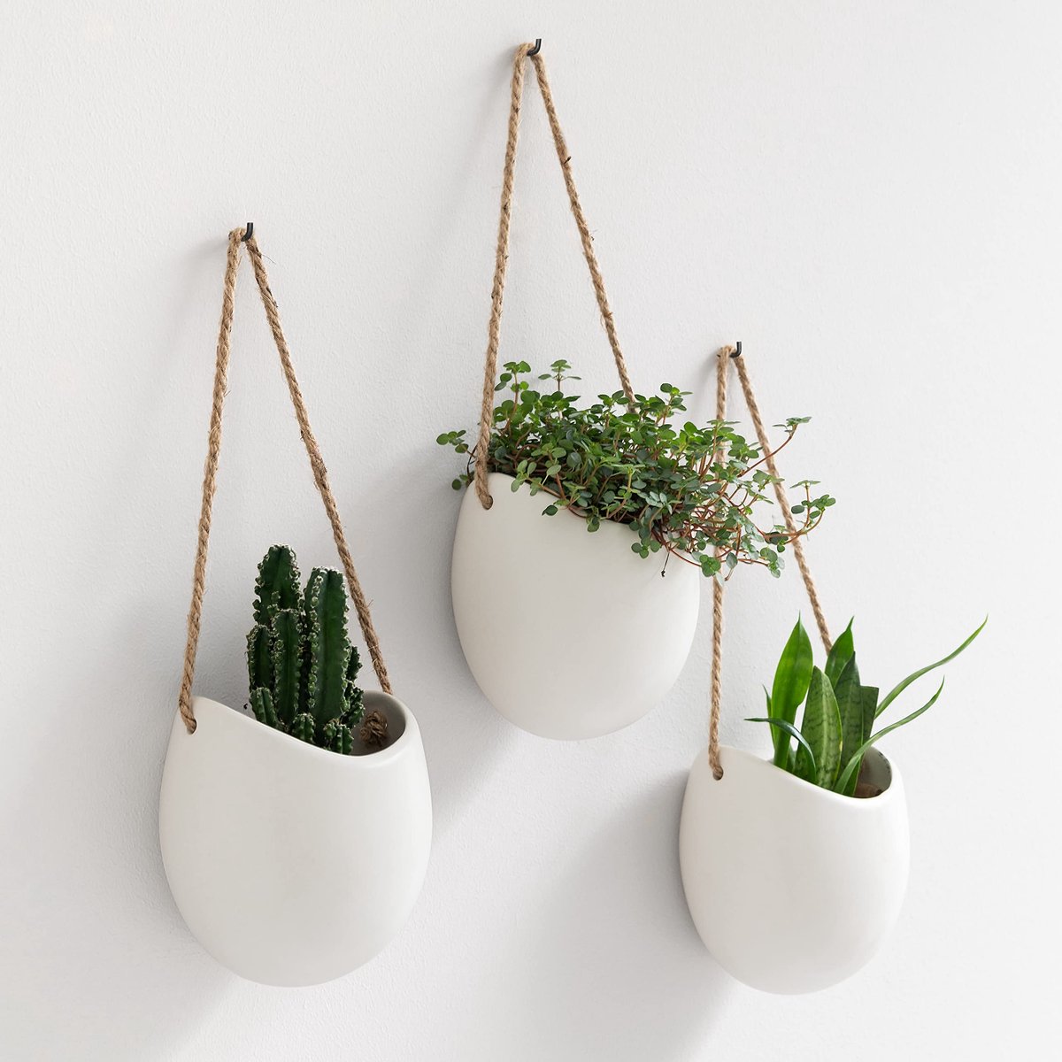 Famanu – Wandplantenbakken set van 3, hangende keramische plantenpotten, wanddecoratie voor binnen, balkon en tuin, wit (mat)