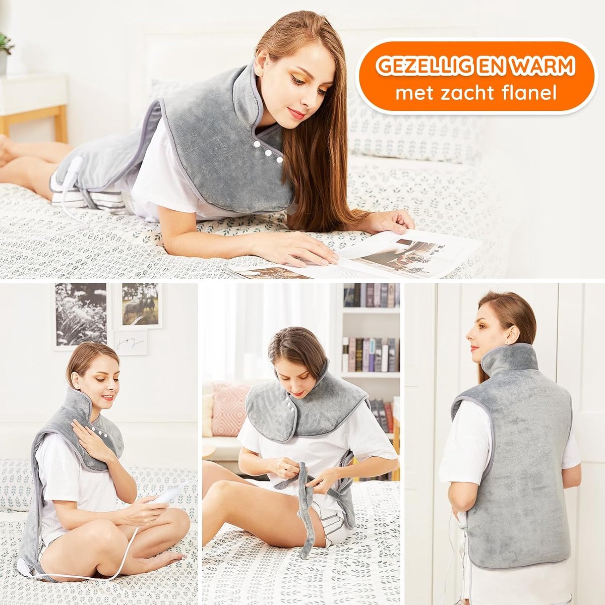 Elektrisch Verwarmingskussen 60x100 cm – Voor Rug, Nek & Schouders – 3 Warmtestanden – Fast Heat – Automatische Uitschakeling – Comfortgrijs