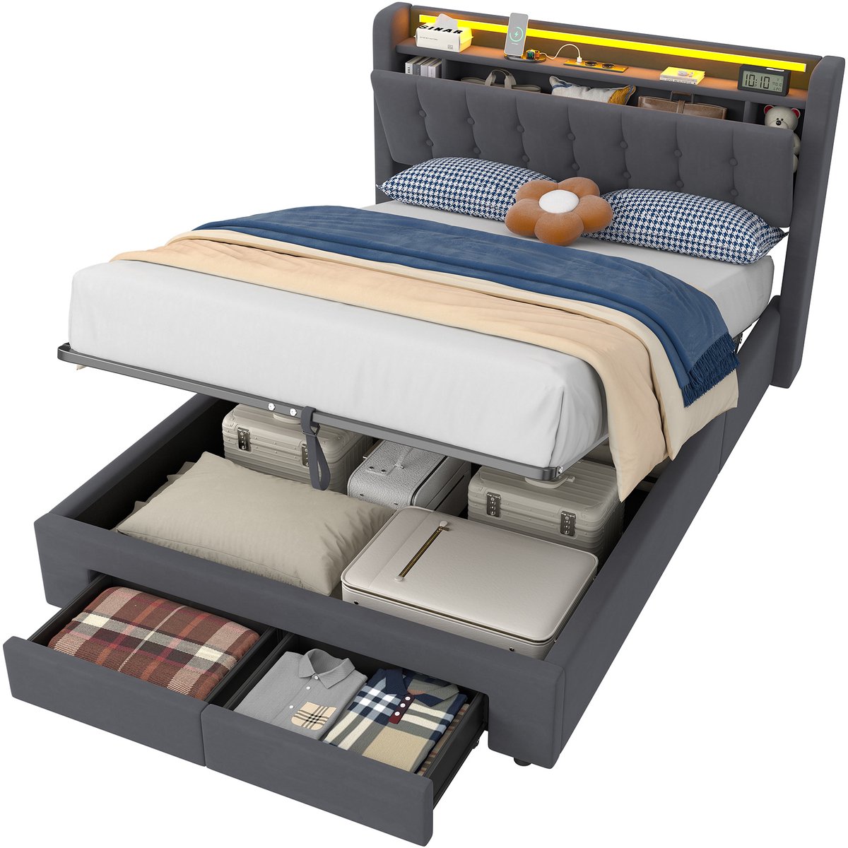 MEUNIQ Gestoffeerd bed 140x200 cm met 2 laden, LED-verlichting, USB-poorten en hydraulisch liftsysteem, fluwelen bedframe Donkergrijs