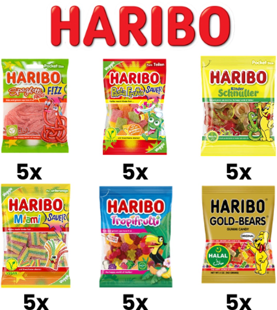 Haribo Mix Pack - Goud Beren - Miami -Tropi Frutti- Sleutels- Spagetti Red- Pasta Frutta - Halal- Vegan - Snoep - Haribo