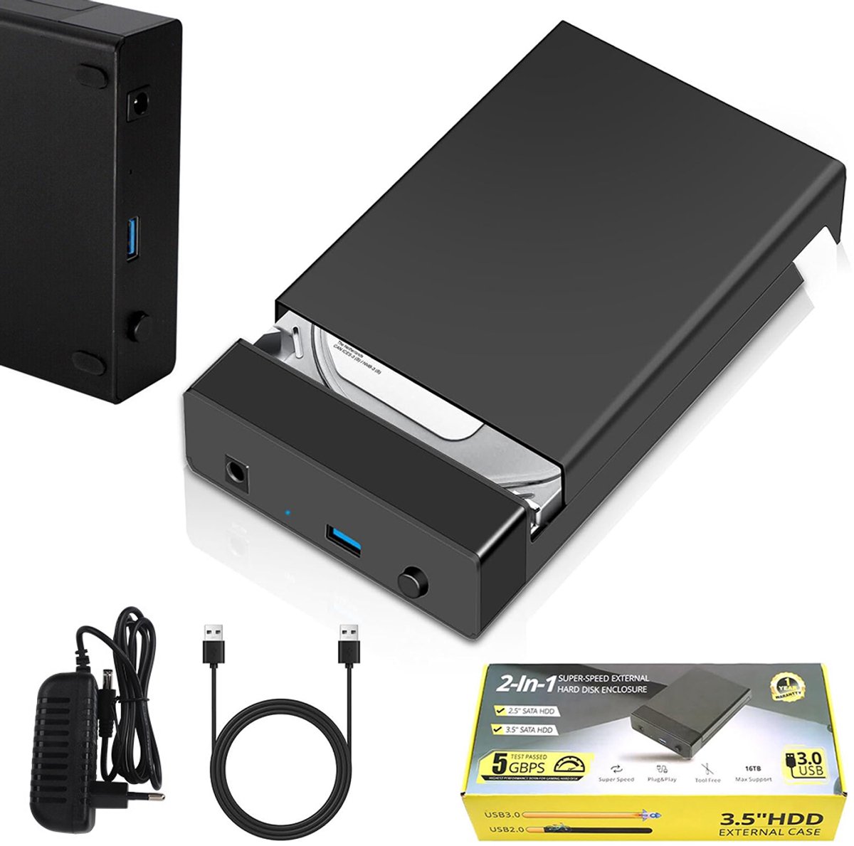 Externe USB 3.0-behuizing voor SATA 2,5/3,5" harde schijven/SSD's - ABS - Zwart
