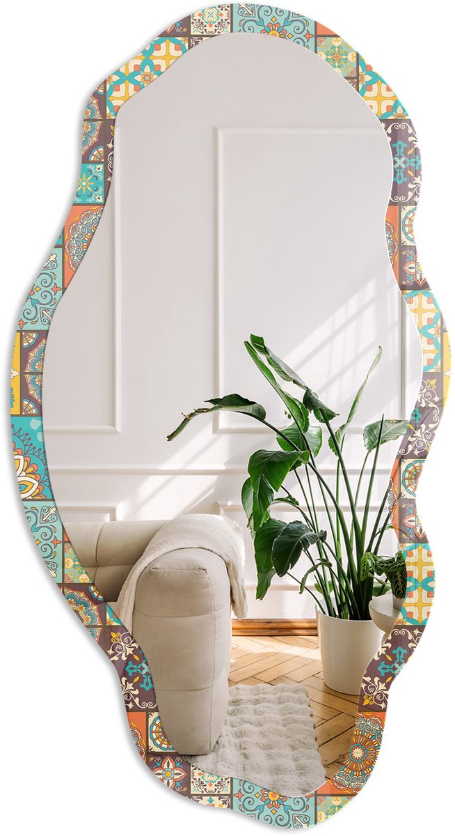 Coloray Kleurrijk Mozaïek Spiegel - Turkoois Rechthoekige Spiegel Voor Interieur - Organische Spiegel - Keuken, Woonkamer, Hal - Boho - 45x90 cm - Totale afmeting 52x97 cm