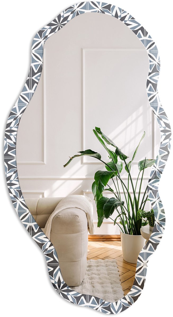 Coloray Geometrische Bloemen Spiegel - Marine Rechthoekige Spiegel Met Modern Design - Organische Spiegel - Badkamer, Hal, Woonkamer - Geometrisch - 45x90 cm - Totale afmeting 52x97 cm