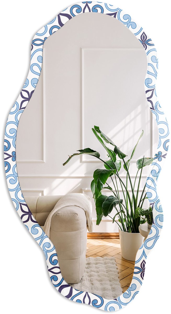 Coloray Blauw Ornament Spiegel - Blauw Elegante Rechthoekige Wandspiegel - Organische Spiegel - Badkamer, Hal, Kantoor - Geometrisch - 45x90 cm - Totale afmeting 52x97 cm