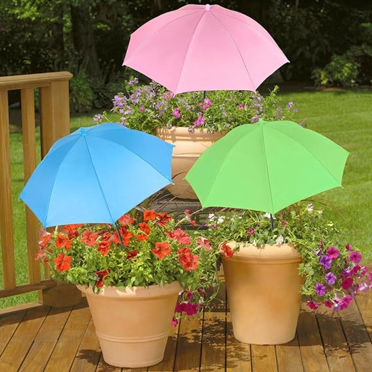 3 Stuks plantenparasols - Buitenplantenparasols - Verstelbare hoogte tuinparasols - Buiten regenbescherming - Geschikt voor potplanten, tuinbedden, bloempotten - Biedt schaduw - Beschermt planten tegen de hete zon - Blauw, roze, groen