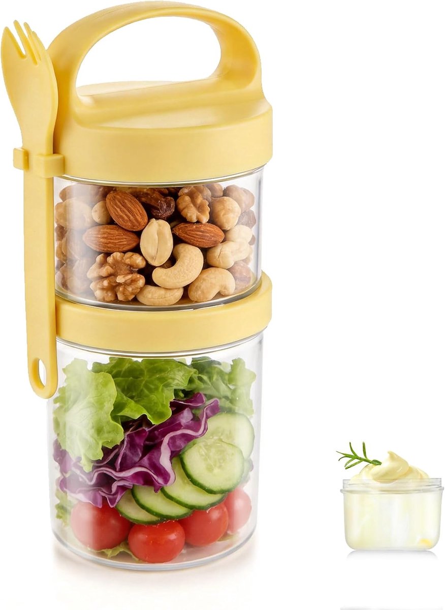 Lunchpot - Yoghurt beker to go - Met Lepel - 560ML + 360ML - Muesli beker to go - Lunchbeker - Schoolbeker - Salade to go - Meeneem Mueslibeker - Lunch to go - Overnight Oats Potjes - Saladebox - Geel