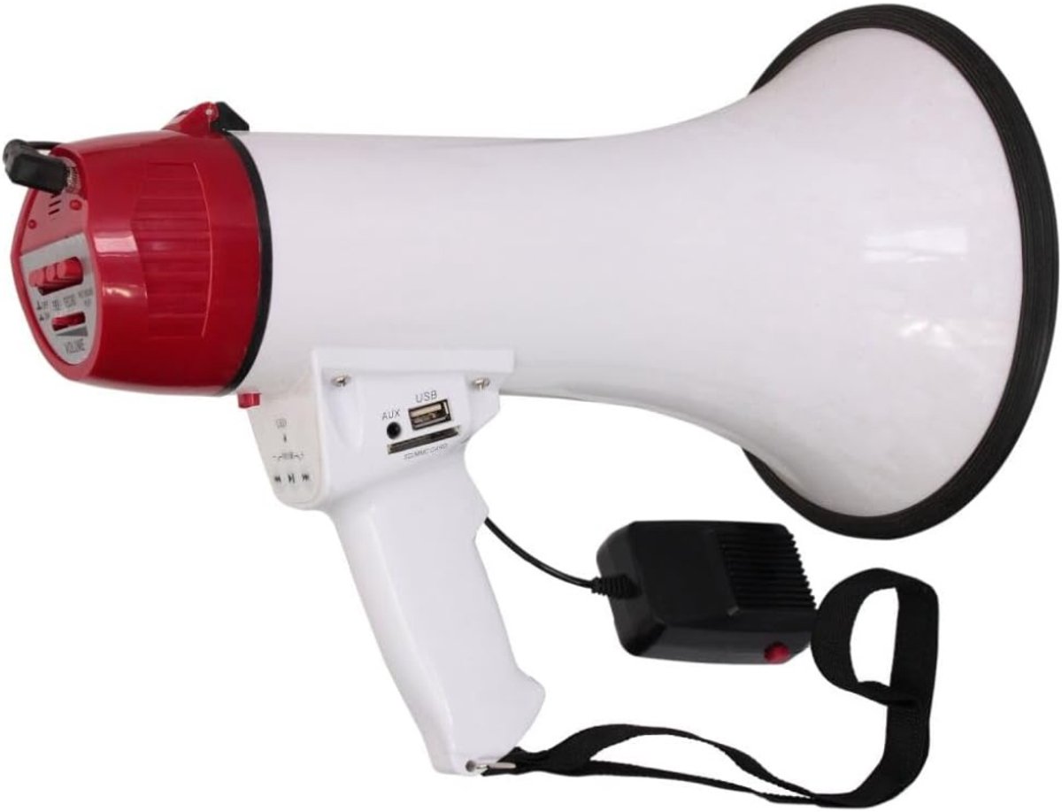 QUOVO® Megafoon met Sirene – Luchthoorn Oplaadbaar – Megafoon Auto – Sirene Met Instelbaar Volume - USB, SD, AUX, MP3 - Stemversterker - Rood - ‎33cm x 24cm x 20cm