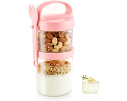 Mueslibeker to Go met lepel, 360 ml + 560 ml yoghurtbeker to go, roze | Muesli Cup to Go beker, cornflakes to go, mueslibeker mueslidoos, ontbijtdoos, yoghurt box to go beker