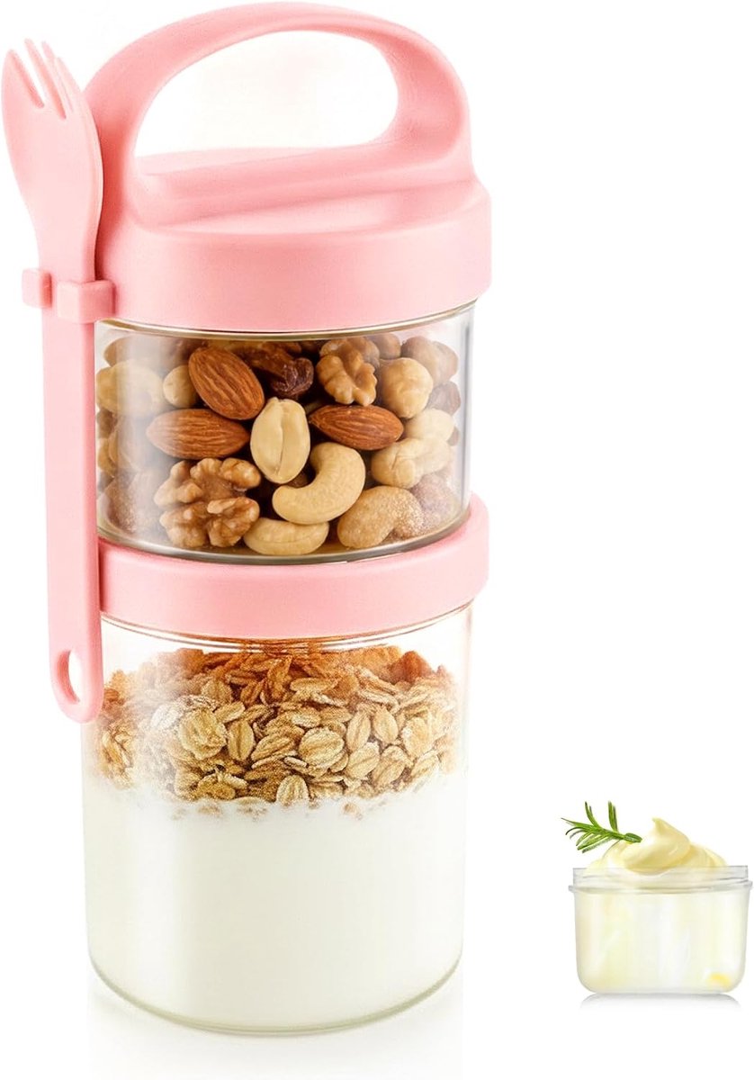 Mueslibeker to Go met lepel, 360 ml + 560 ml yoghurtbeker to go, roze | Muesli Cup to Go beker, cornflakes to go, mueslibeker mueslidoos, ontbijtdoos, yoghurt box to go beker