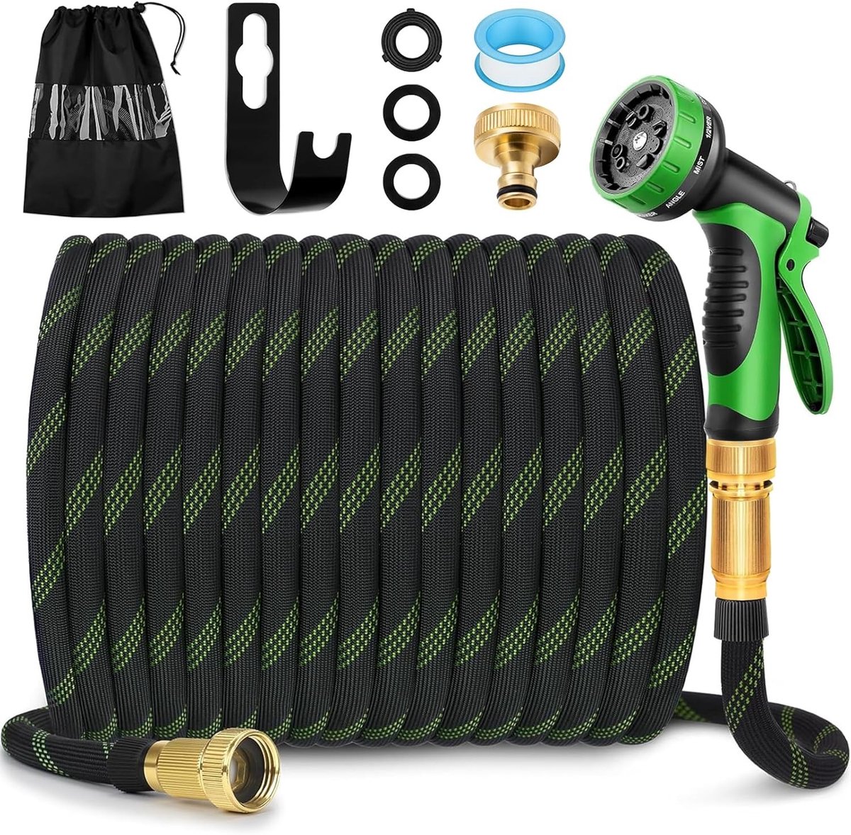 Tuinslanghaspel - Groen - 15 meter - Flexibele Latex Tuinslang met Messing Verbindingsstuk - Met Multifunctioneel Spuitpistool