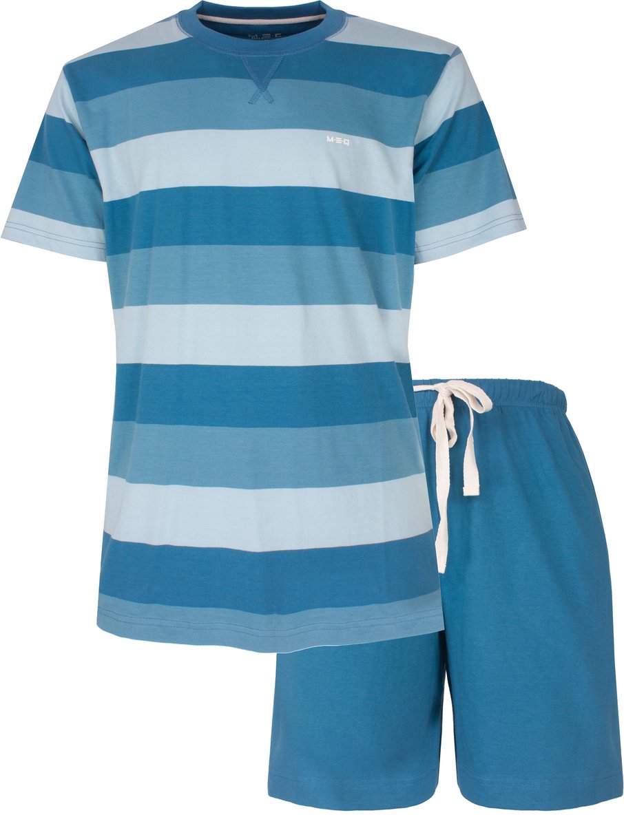 MEQ Heren Shortama - Gestreept - Ronde Hals - Aqua Blauw - Maat M
