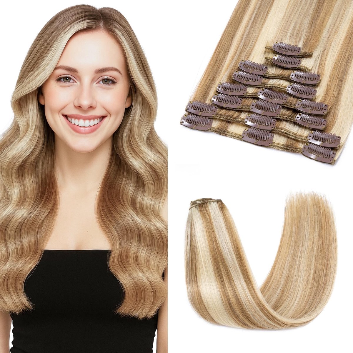 Solidchoice - Clip-in Extensions 100% Remy Haar Goudbruin & Blond 40cm 8 Stuks
