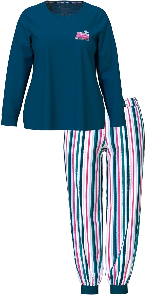 Ulla Popken - Dames - Pyjama boek/strepen ronde hals lange mouwen - Donkerpetrol - Maat 42+
