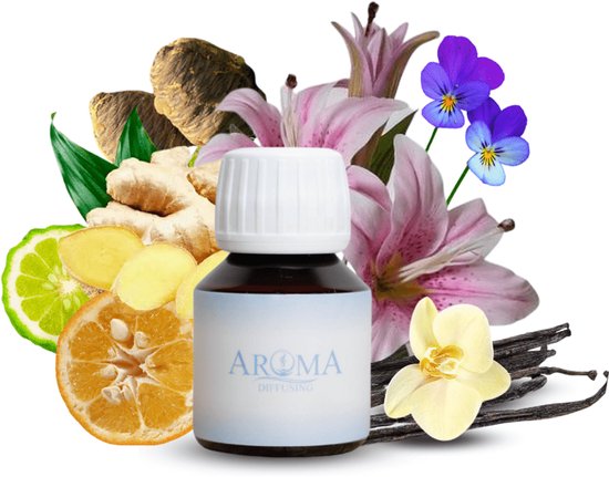 AromaDiffusing flesje omringd door verse ingrediënten zoals gember, bergamot, lelies, viooltjes en vanillestokjes.