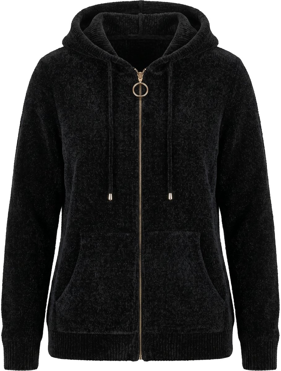 Ulla Popken - Dames - Vest chenille capuchon lange mouwen - Zwart - Maat 46+