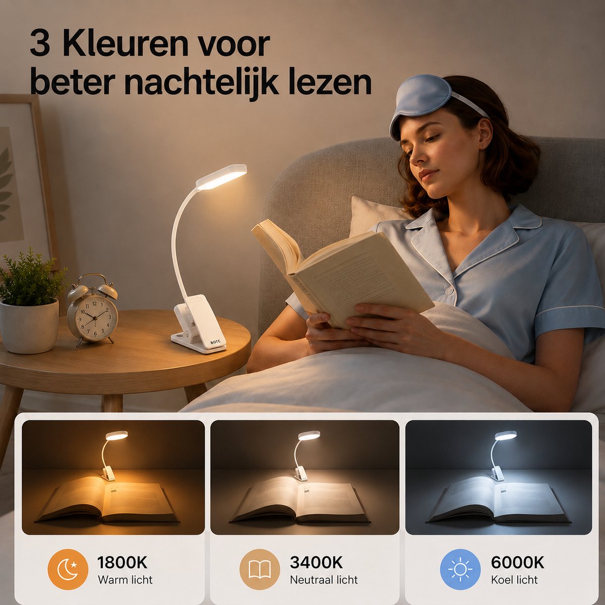 BOTC LED Leeslampje voor boek - 3 Lichtstanden & Oplaadbaar - Boeklampje - Klemlamp - Verstelbaar - USB Oplaadbaar - Wit — cadeau in Gadgets - foto 5