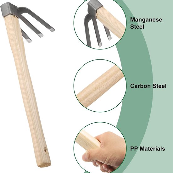 Kleine tuinschoffel- handschoffel- botanische schoffel- eenhandige tuinschoffel- tuinschoffel met houten handvat- tuingereedschap met houten handvat en drie klauwen. — afbeelding 2
